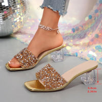 Shiny Sequins High Heel Slippers for Women Summer Fashion Square Toe Transparent Heeled Sandals Woman Glitter Slides - Natalia Home Fashion