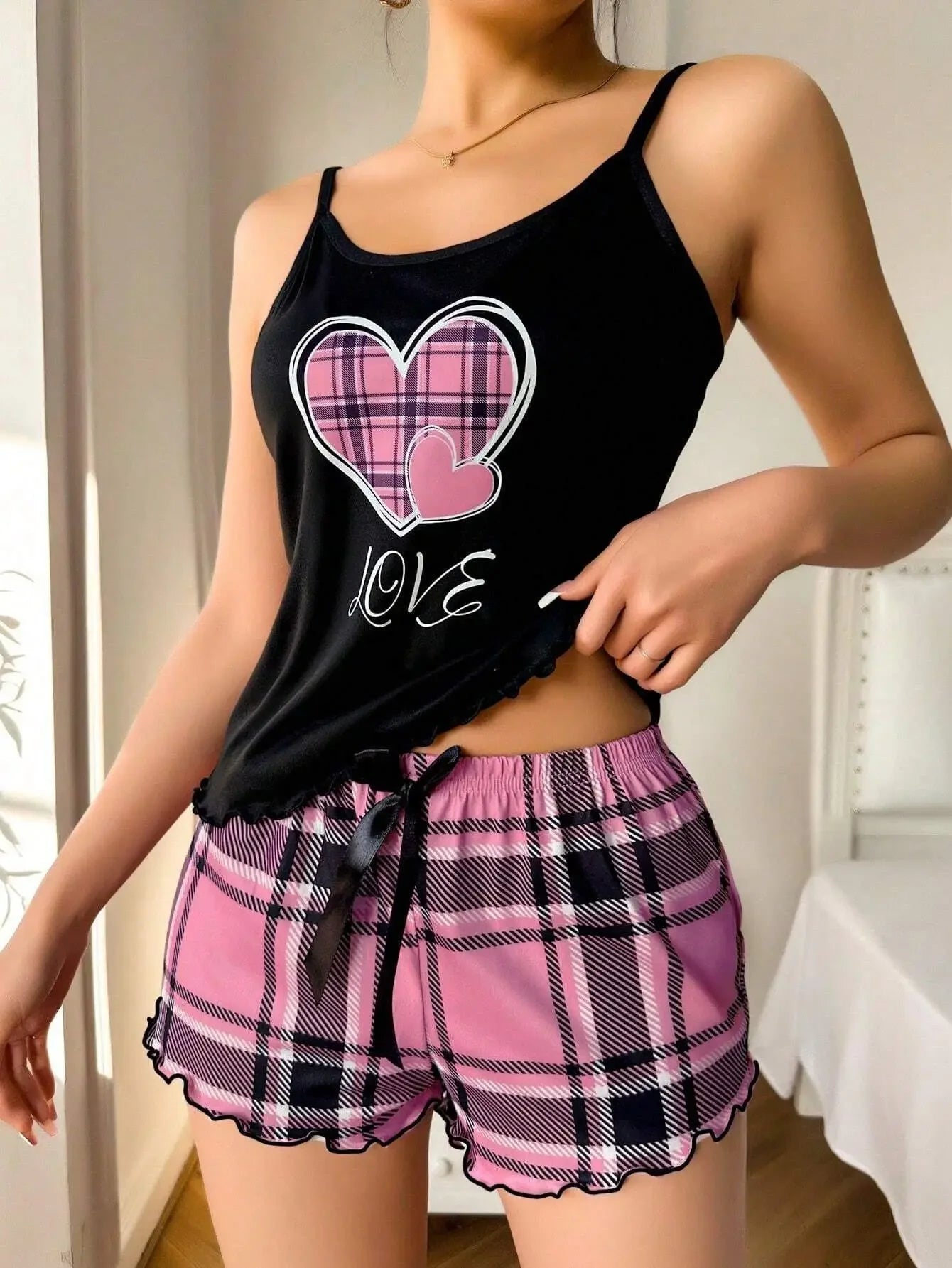 Women Sexy Suspender Shorts Thin Pajamas Letter Print Plaid Shorts Large Pajamas Romantic Home Wear Sexy Nightwear Short Pajama