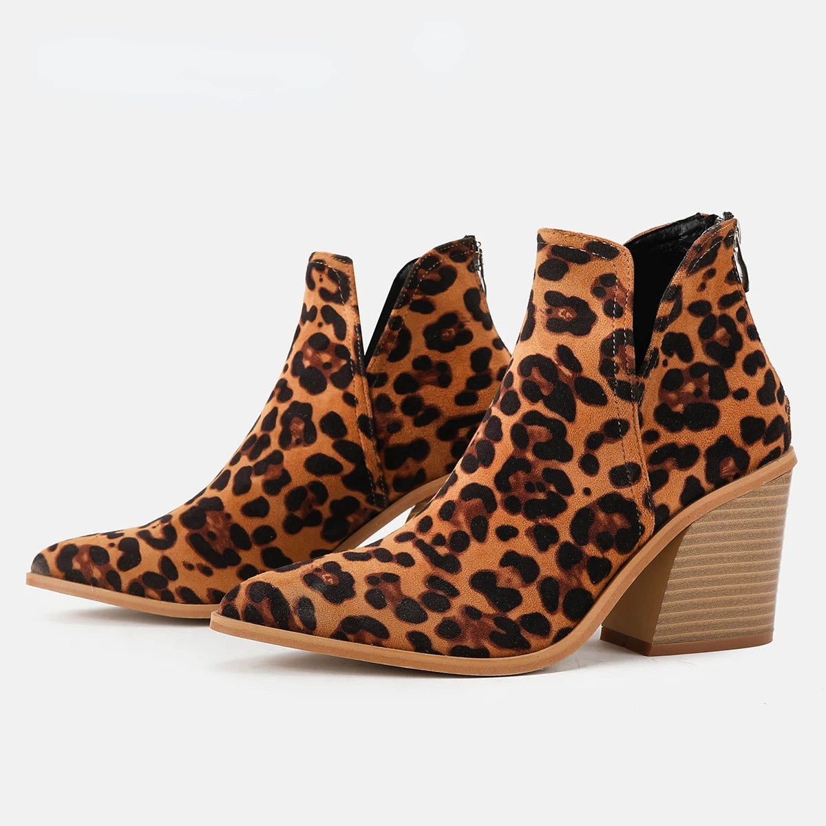 Boots Women Ankle Leopard Mid Heel Shoes Female Slip-On Casual Black Square Heel Booties