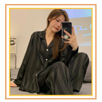 Striped Satin Pajamas Women Jacquard Loungewear Long Sleeve Trousers Two-Piece Set Solid Color Roll-Neck Cardigan Sleepwear