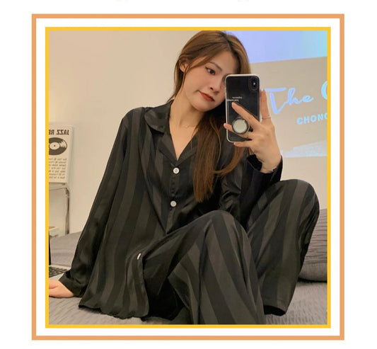 Striped Satin Pajamas Women Jacquard Loungewear Long Sleeve Trousers Two-Piece Set Solid Color Roll-Neck Cardigan Sleepwear