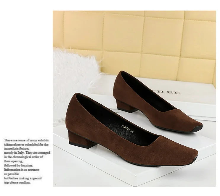 Women Fashion Style Quality Square Toe Low Heel Pumps Lady Prom Suede Shallow Mouth Thick High OL Single Shoes