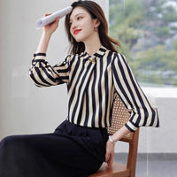 Elegant Commuter Long Sleeve Striped Shirt Women's Stand Collar Button up Polyester Fiber Straight Cut Fashionable Business wear
