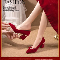 Women's Chunky Heel Pointed Toe Slip-On Shoes Wedding Dress Two-Way Wear Pearl Red Bridal Shoes Spring Autumn New Style