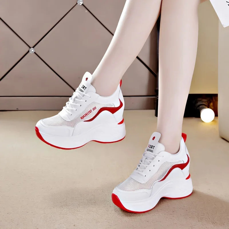 Women's Breathable Mesh Sports Shoes Thick Bottom Casual Flat Platform Sneakers round Toe Mid Heel Cross Buckle