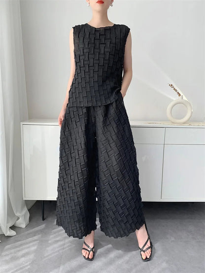 Handmade Pleated Set Women Summer New Sleeveless Vest Top Flared Pants Comfortable Casual Loose Large Size with Stretchy Natalia Home Fashion    Natalia Home Fashion