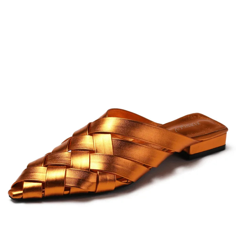 Hollow Woven Pointed Cool Slippers Women's Summer Thick Heel Outer Wear Bag Head Half Slippers Women Sandals
