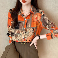 Slim Floral Long-sleeved Shirt Loose Printed Top for Women