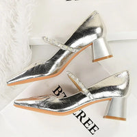 Heels Women Fashion CRYSTAL Pearl Pumps Square Toe Stripper Elegant Party Square Heel Ladies Shoes