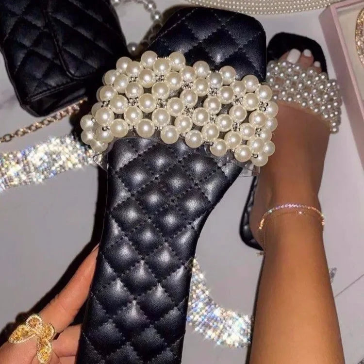 Spring and Summer Women's Pearl Rhinestones Women's All-match Casual Slippers Fashion Solid Flat Shoes Sandals