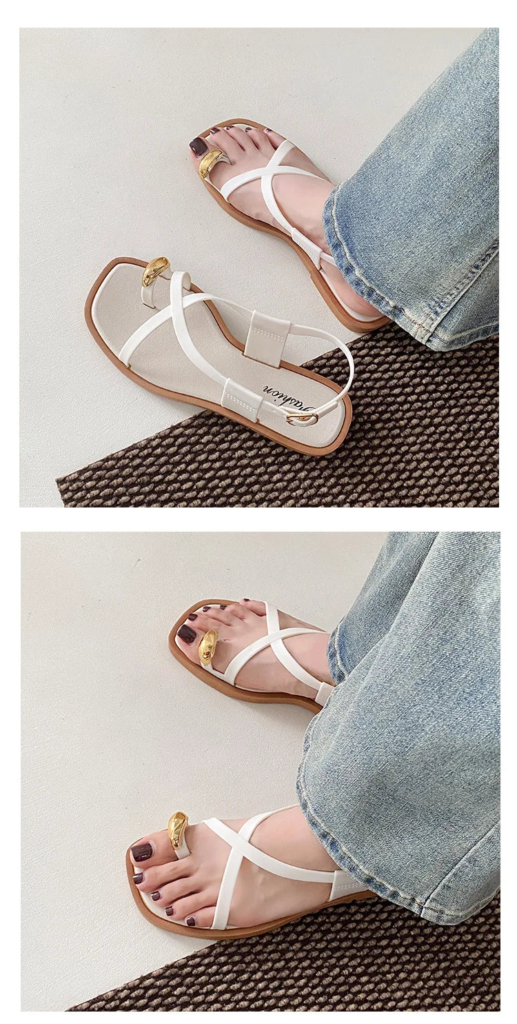 Women's Roman Style Toe-Over Sandals Flat Bottom Outdoor Wear Crossbody PVC Material Anti-Slip Low Heel Footwear