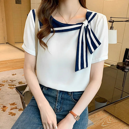 Summer 2026 Women's Short Sleeve T-Shirt Korean Style Slim Fit Casual Cotton Blend Striped/Plaid Loose Fit Neck Design Natalia Home Fashion    Natalia Home Fashion