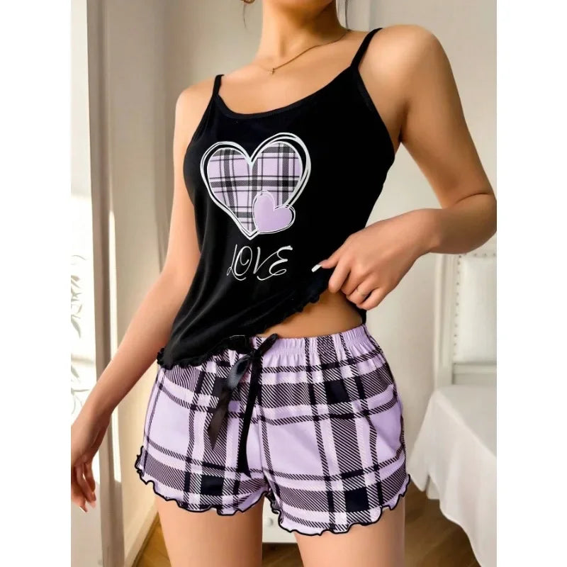Women Sexy Suspender Shorts Thin Pajamas Letter Print Plaid Shorts Large Pajamas Romantic Home Wear Sexy Nightwear Short Pajama