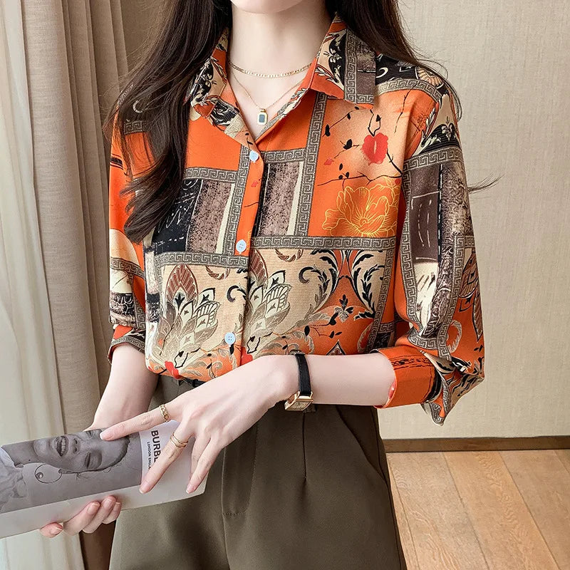 Slim Floral Long-sleeved Shirt Loose Printed Top for Women