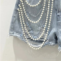 Denim Summer Shorts for Women's Bottoms Pearls Fashion Casual Shorts