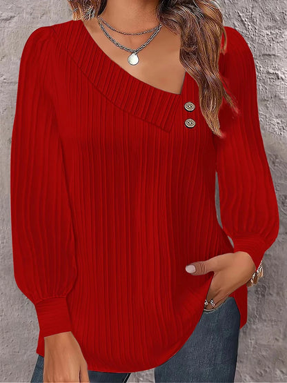 Simple Button V-neck Pullover Women's Solid Long Sleeve Casual T-shirts Elegant Lady Blouses