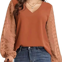 Nice Women Spring Summer Style Blouses Shirts Lady Casual V-Neck Long Lantern Sleeve Solid Color Blouse Tops Natalia Home Fashion    Natalia Home Fashion