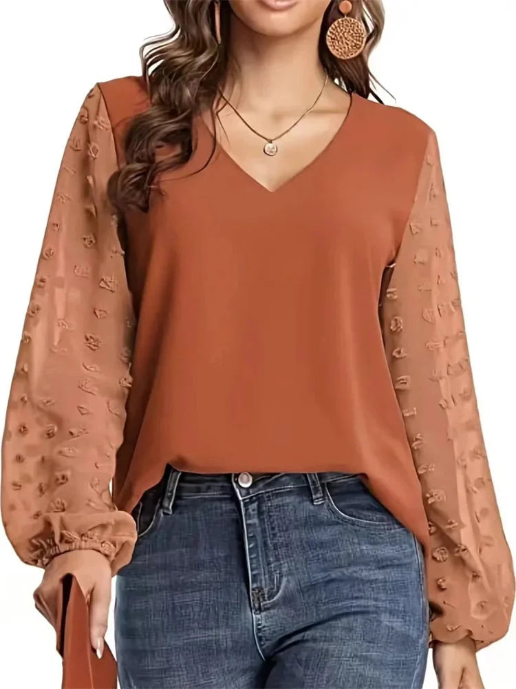 Nice Women Spring Summer Style Blouses Shirts Lady Casual V-Neck Long Lantern Sleeve Solid Color Blouse Tops Natalia Home Fashion    Natalia Home Fashion