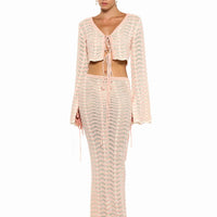 Sexy Knit V-neck Long Sleeve Lace-up Top Beach Half Skirt Two-piece  Summer Women's Casual Outfit Swimsuit Cover Up Set