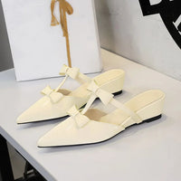 French Wedge Heel Pointed Head Sandals Versatile Bow Medium Heel Half Slippers Women Natalia Home Fashion    Natalia Home Fashion