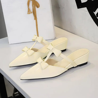 French Wedge Heel Pointed Head Sandals Versatile Bow Medium Heel Half Slippers Women