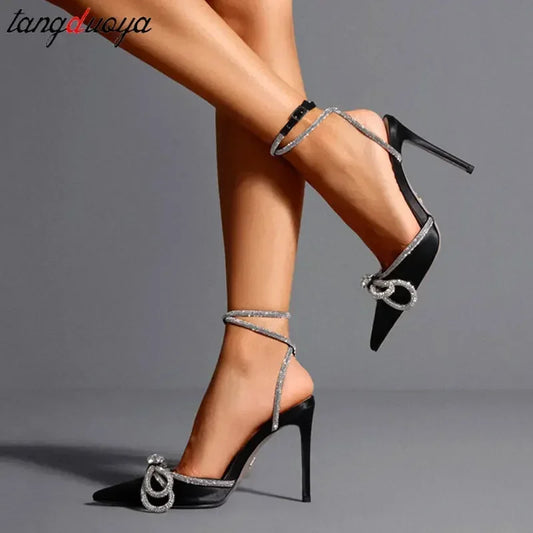 Fashion Glitter Rhinestones Pumps Ladies Sexy Crystal Bowknot High Heels Women Elegant slim heels  Party Wedding pumps