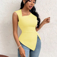 Spring Summer Elegant Stylish Daily Dating Casual Women's Sleeveless Tops Side Ruched Asymmetric Hem One-Shoulder Cut out