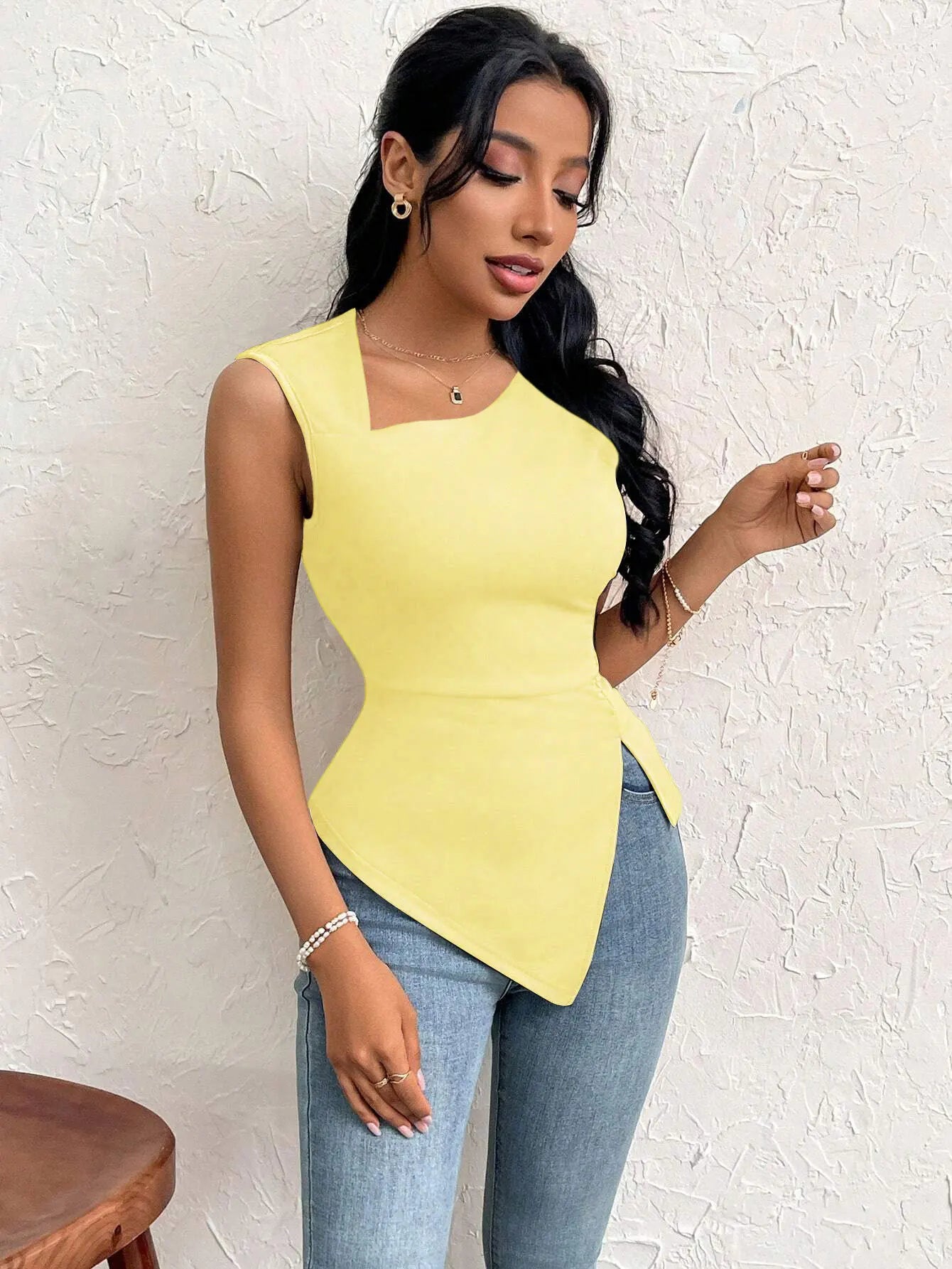 Spring Summer Elegant Stylish Daily Dating Casual Women's Sleeveless Tops Side Ruched Asymmetric Hem One-Shoulder Cut out