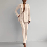 Women Fashion Solid Pant Suits, Office Lady Elegant V-Neck Long Sleeve Blazer Set, Pencil Pants Slim Ladies Outfit