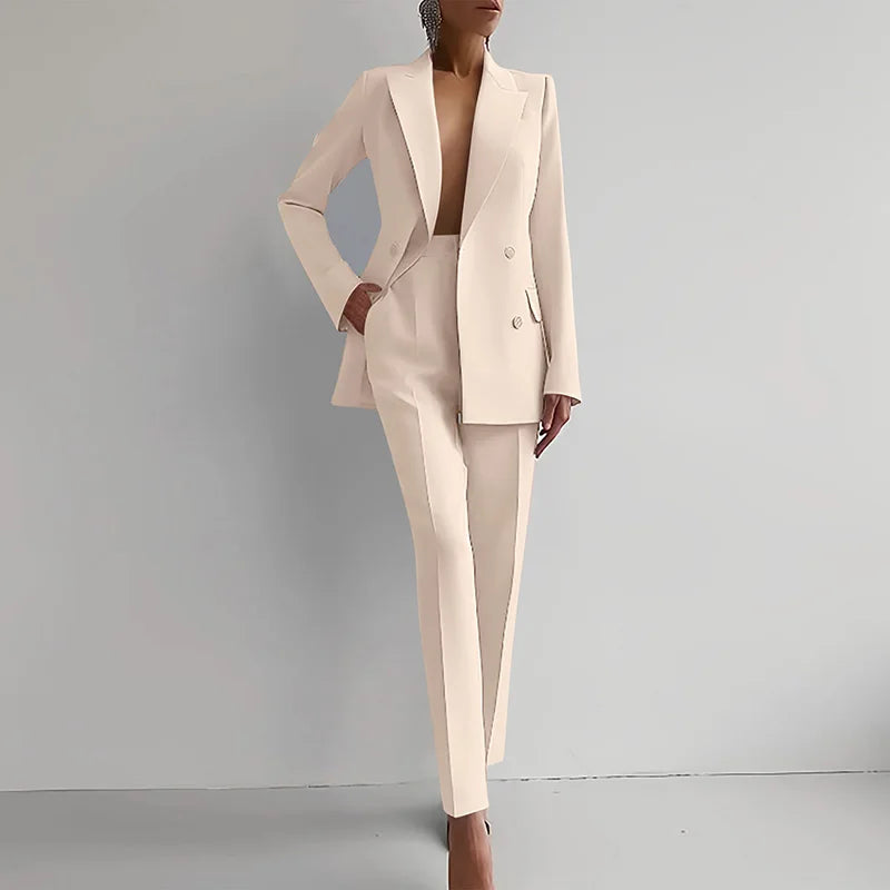 Women Fashion Solid Pant Suits, Office Lady Elegant V-Neck Long Sleeve Blazer Set, Pencil Pants Slim Ladies Outfit