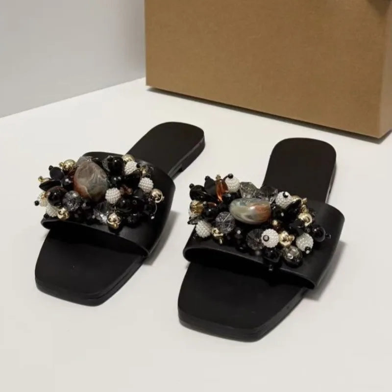 Colorful Gemstone Pearl Women Beach Sandals Fashion Square Toe Slip on Casual Daily Street Style Ladies Flat Summer Shoes
