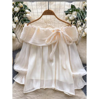 Blouses Design Sense Niche Chic Off Shoulder Shirt Women's French Gentle Style Loose Versatile Western-style Flowing Mesh Top