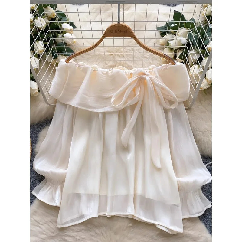 Blouses Design Sense Niche Chic Off Shoulder Shirt Women's French Gentle Style Loose Versatile Western-style Flowing Mesh Top