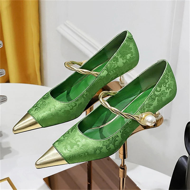 Metal Decoration Buckle Strap Women's Low Thin Heels Pumps Pointed Toe Wedding Party Shoes