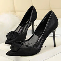 Women's Sexy Nightclub Pole Dancing Show Thin Heels High Mesh Hollowed Out Satin Rose Flower Woman Pumps