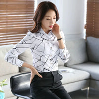 2025 New Women's White Striped Blouse Korean Slim Long Sleeve Printted Turn Down Collar Shirts Single-breasted Office Lady Shirt