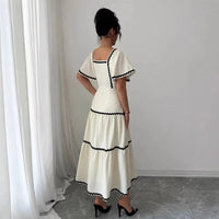 Women's Vintage Square Neck Flutter Sleeve Dress Summer Black Scallop Trim Tiered Ruffle Long Casual Vacation A-line Vestidos Natalia Home Fashion    Natalia Home Fashion