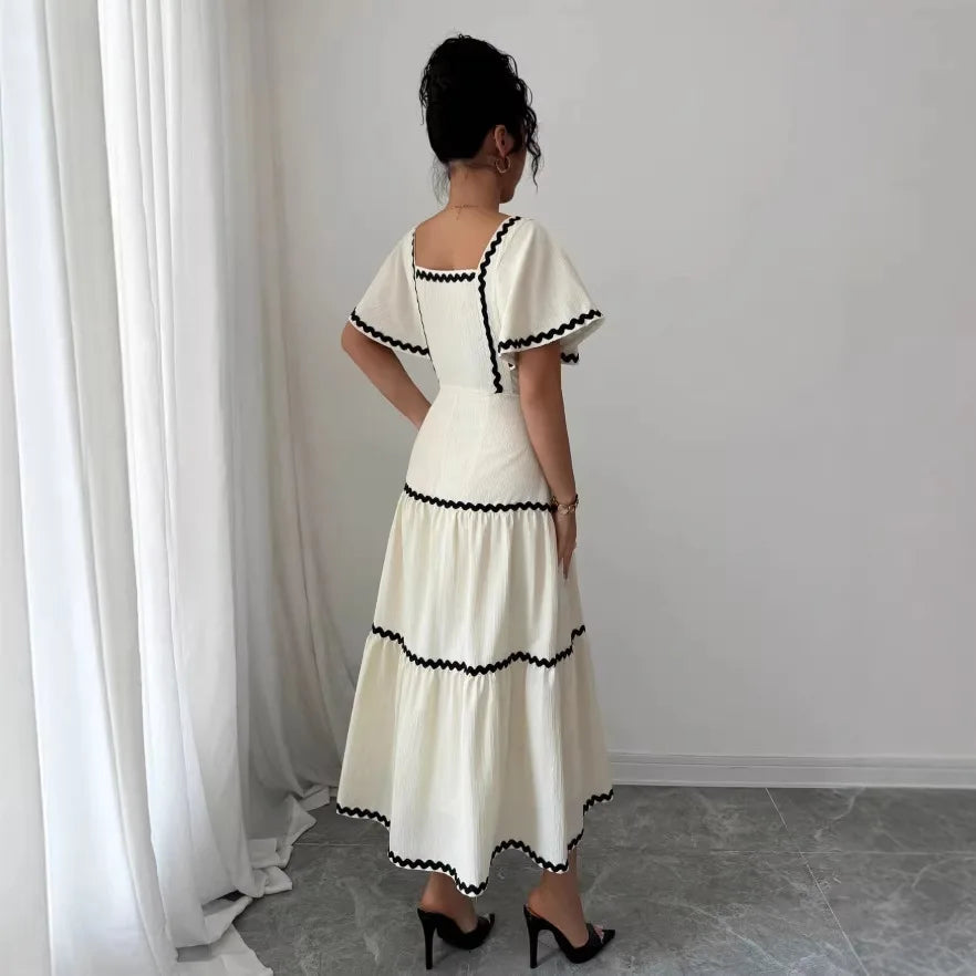 Women's Vintage Square Neck Flutter Sleeve Dress Summer Black Scallop Trim Tiered Ruffle Long Casual Vacation A-line Vestidos Natalia Home Fashion    Natalia Home Fashion
