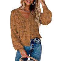 Women's Lightweight Crochet Cropped Cardigan Knitted Hollow Out V Neck Long Sleeve Button up Bolero Shrug Sweater