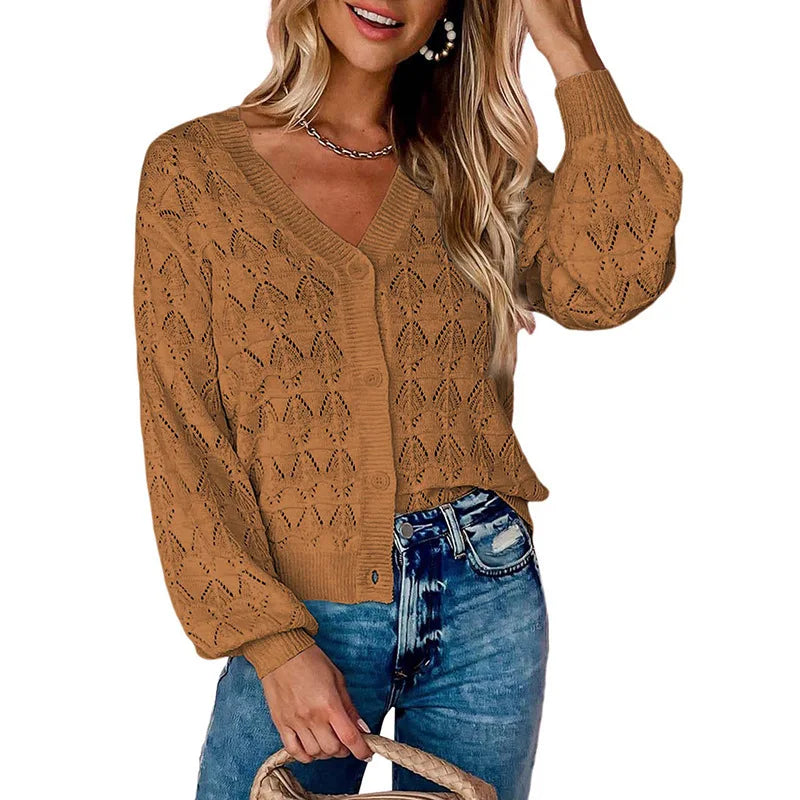 Women's Lightweight Crochet Cropped Cardigan Knitted Hollow Out V Neck Long Sleeve Button up Bolero Shrug Sweater
