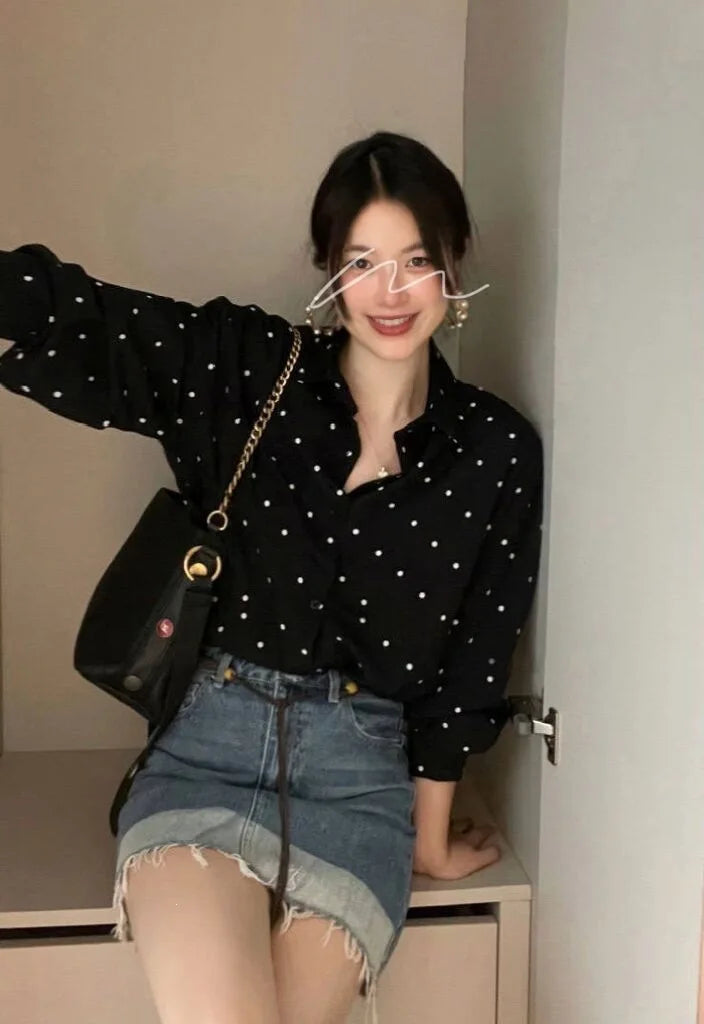 Chic Polka Dot Long Sleeve Shirt Women's Turn-down Collar French Style Simple Design Spring Summer New Arrival
