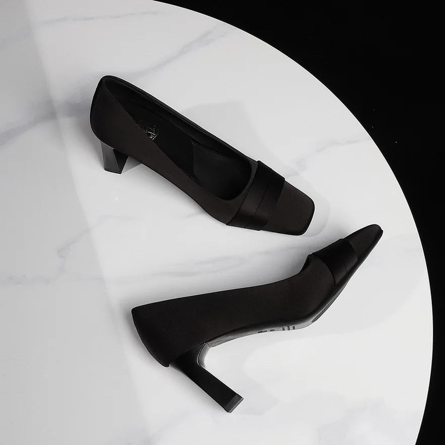 Elegant Satin High Heels Square Toe Slip-On Chunky Heel Comfortable Women's Shoes for Party Fashion Footwear Summer Autumn