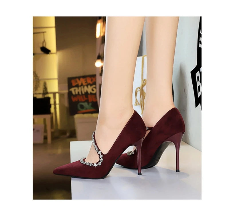 Banquet Pointed Toe High Heels Diamond Chain One-Strip Thin Heel Super High Heels Light Mouth Elegant Lace-Up
