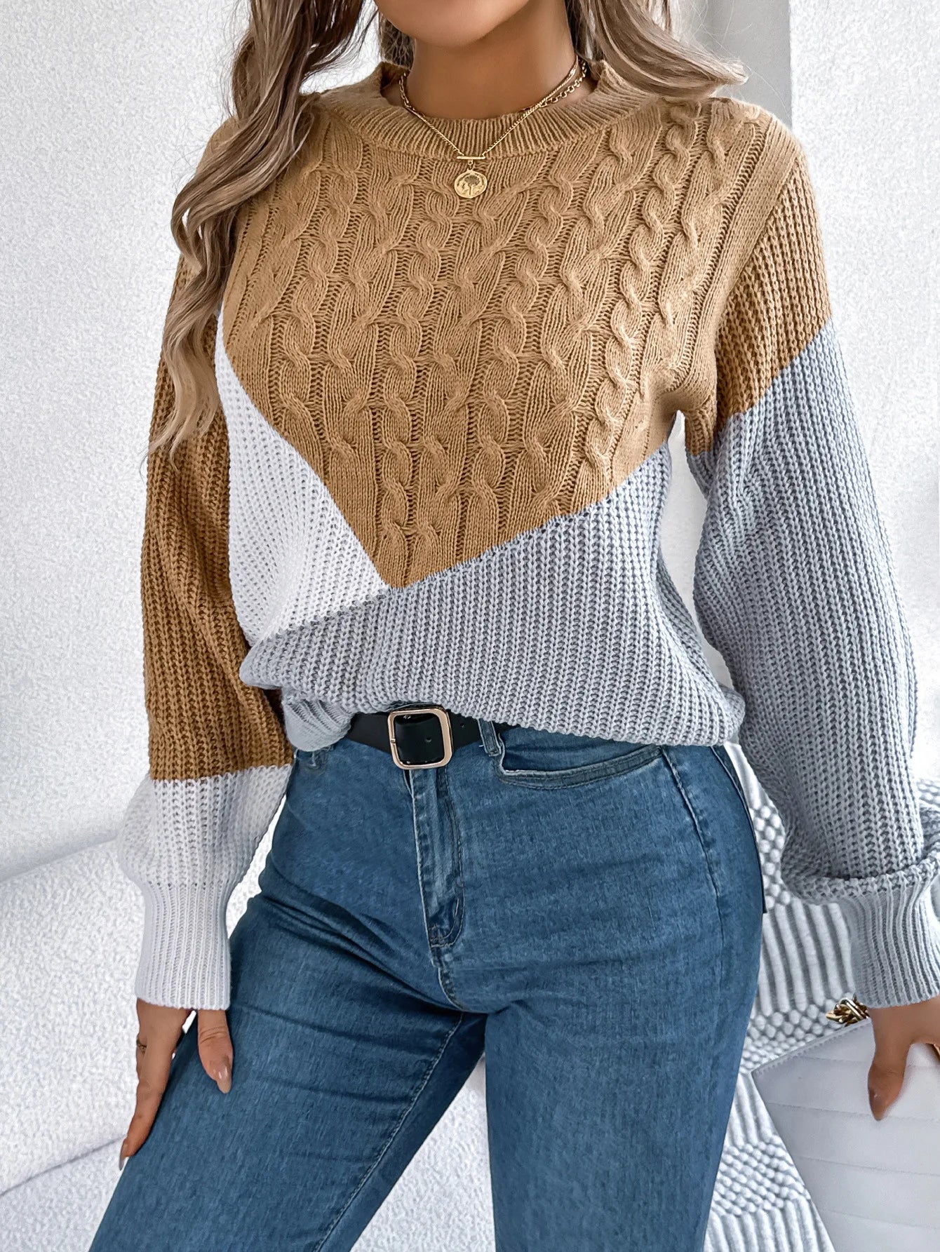 Women's Sweater Tops Sweaters Women Female Woman Clothing Casual Color-Blocked Long-Sleeved Pullover Sweater