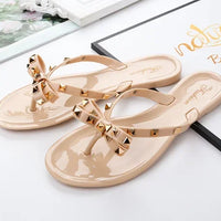 Women Jelly Slippers Rivets Studs Bow-Knot Leisure Daily Flip-Flops For Raining Days Anti-Slip Flat Slippers
