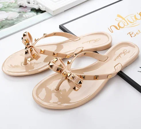 Women Jelly Slippers Rivets Studs Bow-Knot Leisure Daily Flip-Flops For Raining Days Anti-Slip Flat Slippers