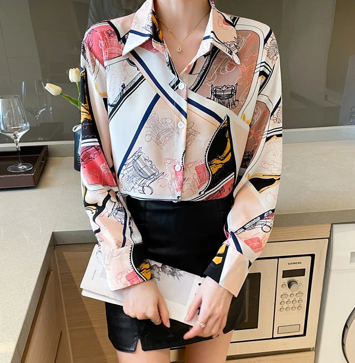 Chiffon Allover Printed Women's Blouses High Quality Long Sleeve Single Breasted Spring Summer Casual Lady Blouses