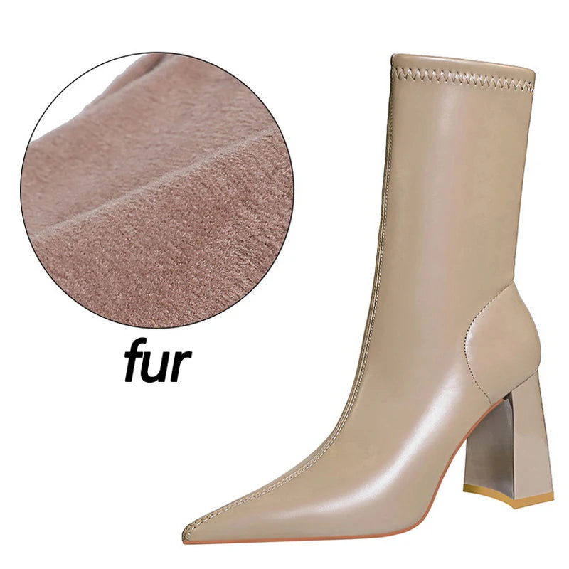 Mid-Calf Boots Chunky Block Heels Women Boots Pointed High-Heeled Boots Lady Pu Leather Boots Autumn Winter Shoes