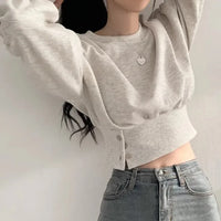 Chic Winter Niche Design Sensibility Round Neck Waist-Fitted Slimming Long Sleeve Cropped Pullover Sweatshirt Top For Women
