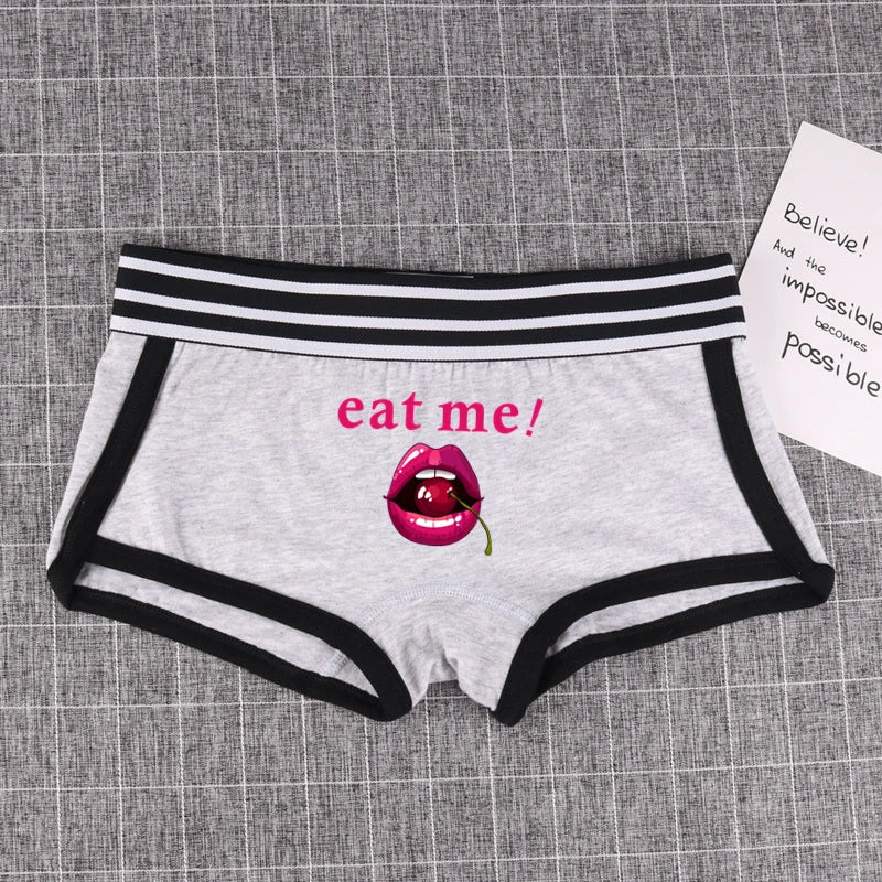 Fashion Girls Boxer EAT ME Cherry In The Mouth Cotton Underwear Sexy Boys shorts for Women Ladies Shorts Comfortable Home Panties